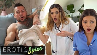 Two Nurses Catch Hunky Guy Naked and Masturbating Furiously