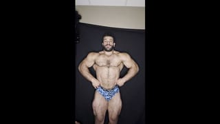 Muscle God Practicing Posing 6 Weeks out of Competition Bodybuilder Flexing his Hairy Huge Muscles