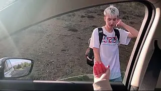We picked up a cute twink and fucked him in the car with my busty girlfriend