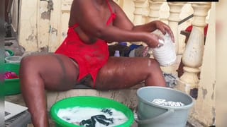 African Babe doing Laundry in a Crotchless Red Lingerie