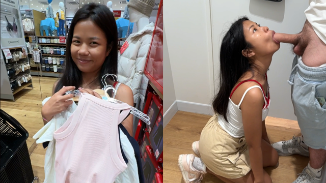 Une Asiatique De 18 Ans Suce Une Grosse Bite Dans Une Cabine D'essayage et Avale Du Sperme