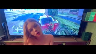 Young Slutty Girls Give a Blowjob with a CUMFACE to her Boyfriend when He’s Playing a PS