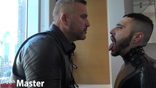 Mature Leather Master Spitting on a Latex Slave's Rubber Gimp Mask Face Spits in his Mouth PREVIEW - Pornhub Gay