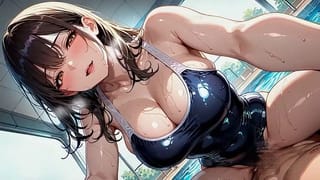 Sex with a Busty Beauty in a Swimsuit in the Pool - Hentai