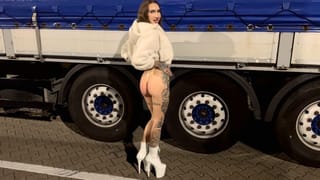 A Whore in a Truck Parking Lot Fucked in Public and Covered with Cum in her Mouth