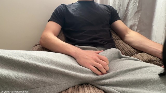 Horny Guy in Sweatpants Masturbates his Big Cock until Moaning Cumshot