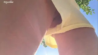 18 Year old Teen Girl in Short Shorts without Panties. Camera in the Park. Close up