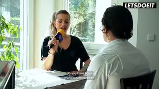 Blonde German MILF Interviews him at the Table... then she Starts Begging for his Cock