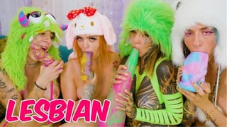 Tattooed Lesbian Orgy Dildo Play and Costume Leads to Real Orgasm