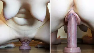 Stepsister with Extremely Creamy Pumped Pussy Rides Big Head Dildo
