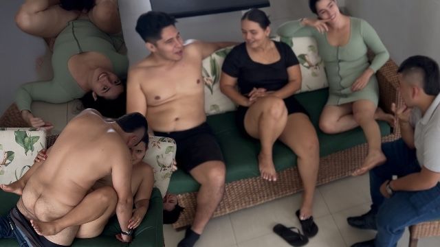 Orgy between Friends, Cuckold Wife and Wife Fuck behind the Couch.