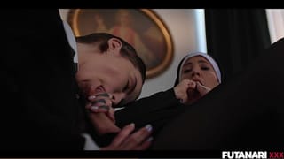 MILF vs Inked Girl Shemale Cums all over