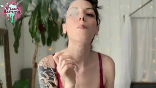 SFW non Nude Smoking a Joint in Red Lingerie with Long Nails