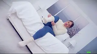 Brunette girl next door with huge boobs hogtied bound gagged with tape and totally helpless in her tight bondage BDSM pantyhose encasement EP