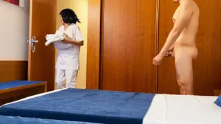 Dick Flash! I Surprise the Cleaning Girl from the Hotel Room Service and she gives me a Blowjob