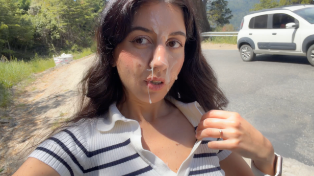 Hottie doesn't Mind getting Cum on her Face for a Public Walk - Cumwalk