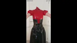 Putting on Locked Rubber Corset and Long Latex Skirt over Red Hooded Dress and Maid Stockings Layers