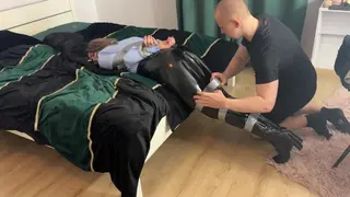 Office Girl is Tied up with Duct Tape and try to Escape