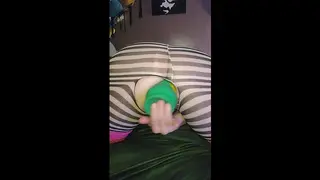 Beautiful Alt Babe in Stripped Tights Fuck Dildo till Orgasm