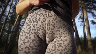 Girl Teases her Big Cameltoe in Leopard Leggings Outdoors
