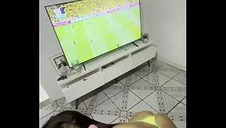 Nymph wanted to watch the Brazil game while drinking milk inside her little pussy.