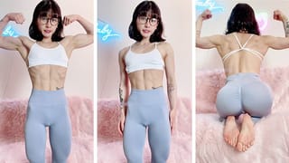 Adorable Petite and Nerdy Asian Muscle Girl Flexes for you in Leggings