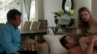 Blonde in black lingerie orally prepares the cock for anal drilling