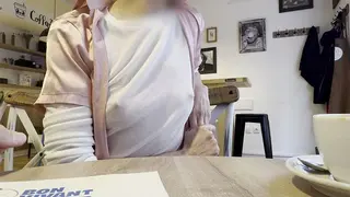 Extremely Sexy White Sheer Blouse Exposing my Big Hard Pierced Nipples in a Coffee Shop