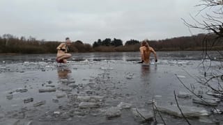 Naked Scandinavian MILF and Guy has a Cold Dip in Icy Lake