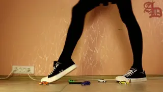 TRANNY GIANTESS CRUSHES TOY CARS IN SNEAKERS, MINI SKIRT AND DARK PANTYHOSES - 1 (CRUSH FETISH)